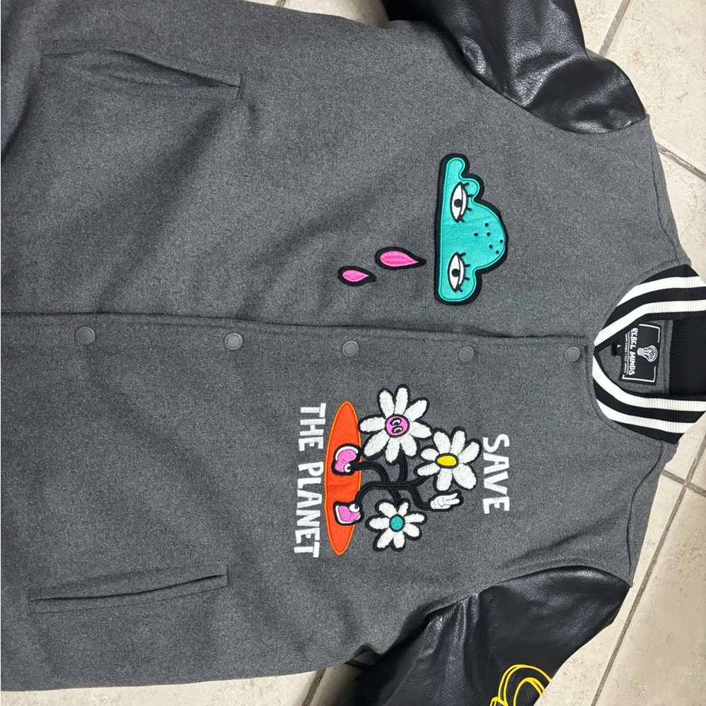 Gray and Black Varsity Jacket with Embroidered Design